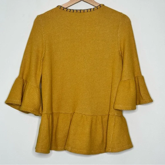 THML Womens Medium Mustard Yellow Peplum Pullover Top 3/4 Bell Sleeves - Picture 2 of 8